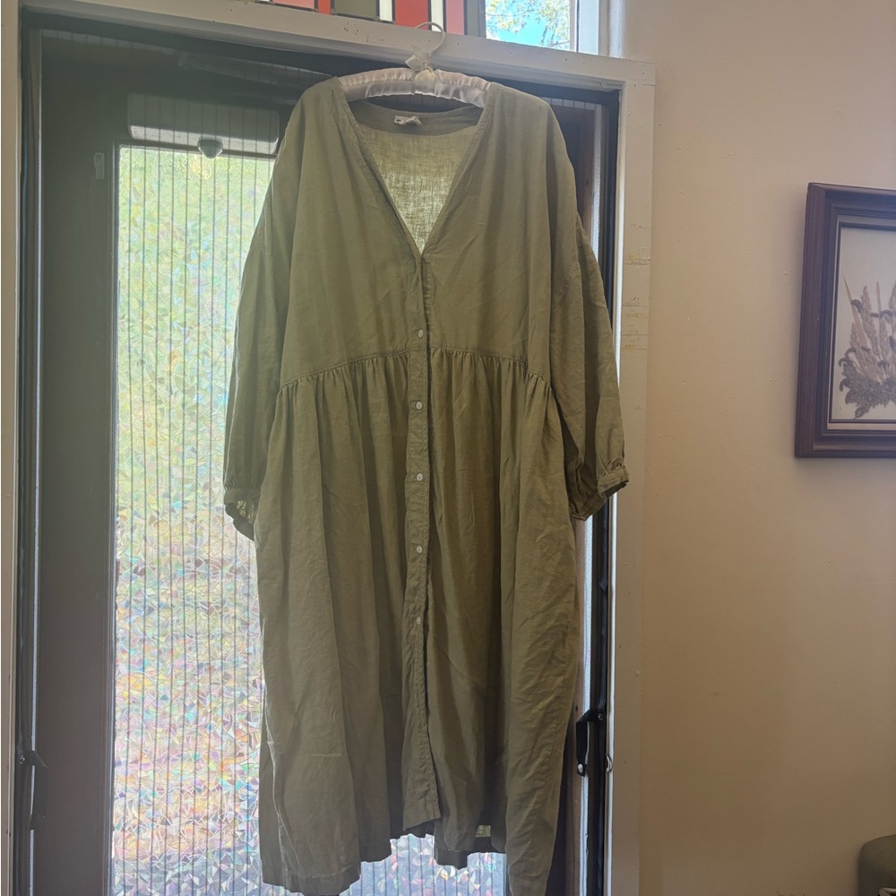 Beaton Linen Sage Green Button-Front Midi House Dress